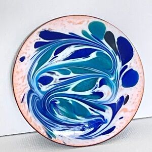 Vintage Signed Enamel on Copper Brooch 2” Blue Abstract Swirl MCM